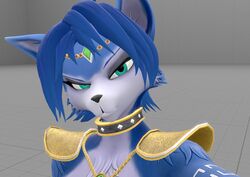  2023 3d_(artwork) anthro blue_body blue_fur canid canine collar digital_media_(artwork) female fox fur hair joelsfm krystal_(star_fox) lightskin_stare looking_at_viewer mammal meme nintendo shoulder_pads solo source_filmmaker_(artwork) star_fox warfare_krystal warfare_machine 