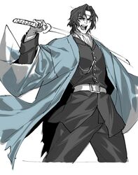  1boy blue_jacket commentary_request fate/grand_order fate_(series) haori hijikata_toshizou_(fate) holding holding_sword holding_weapon jacket japanese_clothes katana komiya_kuniharu limited_palette long_sleeves male_focus military military_uniform over_shoulder shinsengumi solo sword sword_over_shoulder uniform weapon weapon_over_shoulder 