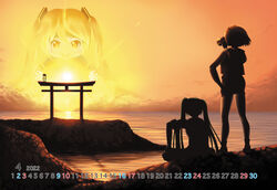  4girls backlighting cloud commentary drinking from_behind giant hand_on_own_hip hatsune_miku highres holding lolita_majin long_hair meiko_(vocaloid) mikudayoo multiple_girls ocean orange_theme outdoors shiteyan&#039;yo shore short_hair sitting standing sun sunset torii twintails vocaloid 