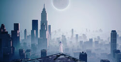  absurdres barefoot black_hair building chinese_commentary cityscape closed_eyes closed_mouth commentary dress eclipse facing_viewer female hands_on_own_chest highres maionese medium_hair original outdoors scenery sky skyline skyscraper sleeveless sleeveless_dress solo standing swept_bangs white_dress wide_shot 