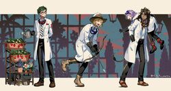  4boys androgynous angry animal_ears blue_eyes bow_(weapon) closed_eyes dark_skin epel_felmier flower full_body funuyu glasses green_eyes green_hair hat highres laughing leona_kingscholar lion_boy lion_ears lion_tail male_focus multiple_boys nervous night_raven_college_uniform over_shoulder pale_skin picking_up purple_hair reaching reaching_towards_viewer rook_hunt school_uniform tail trey_clover twisted_wonderland watering_can weapon yellow_eyes 