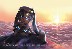  1other above_clouds backlighting beret big_head blue_bow blue_eyes blue_gloves blue_hair bow calendar_(medium) capelet cloud commentary eighth_note female gloves glowing hair_ornament hairbow hat hatsune_miku highres january knee_up light_blue_hair lolita_majin long_hair mikudayoo mountain mountaintop musical_note musical_note_hair_ornament rabbit rabbit_yukine sitting sky sparkle sun sunset twintails very_long_hair vocaloid white_capelet white_headwear yuki_miku yuki_miku_(2021) 