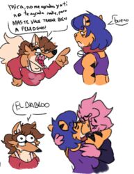  amanda_(apolonoise) anthro apolonoise calm canid canine collar comic_panel eyewear felicia_(apolonoise) felid female female/female fox glasses group grumpy mammal marisol_(stupeez) nerd pantherine romantic romantic_couple short_stack smooch_(sound_effect) spanish_text stripes stunned text tiger yelling 