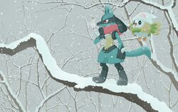  bare_tree beanie clothed_pokemon commentary_request flying from_side furry hat komepan lucario outdoors pink_scarf pokemon pokemon_(creature) rowlet scarf snow snowing standing tree white_headwear 