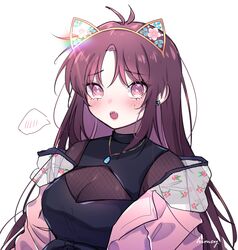  alternate_hairstyle animal_ears atelier_live blush breasts cleavage embarrassed english_commentary fake_animal_ears female glint highres himey himey_(vtuber) long_hair looking_at_viewer oerba_yun_fang open_mouth purple_eyes purple_hair simple_background solo upper_body virtual_youtuber white_background 