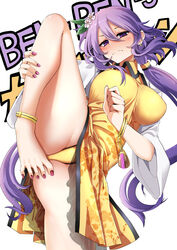  barefoot blush breasts chains closed_mouth dress female fingernails flower foot_out_of_frame hair_between_eyes hair_flower hair_ornament highres knee_up large_breasts legs long_hair long_sleeves nail_polish panties purple_eyes purple_hair rihito_(usazukin) solo spread_toes toenail_polish toenails toes touhou tsukumo_benben underwear white_flower wide_sleeves yellow_dress yellow_panties 