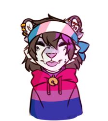  accessory bell bell_collar bisexual_pride_colors blep brown_hair clothing collar domestic_cat felid feline felis female fluffy hair headband highlights_(coloring) hoodie lgbt_pride male mammal multicolored_clothing multicolored_headband multicolored_hoodie multicolored_topwear pantherine pattern_clothing piercing pride_color_accessory pride_color_clothing pride_color_headband pride_color_hoodie pride_color_topwear pride_colors purple_clothing rin_(kittyrin) snow_leopard striped_clothing stripes tongue tongue_out topwear trans_(lore) trans_woman_(lore) transgender_pride_colors wereshiba 