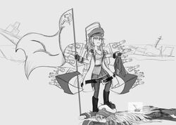  2girls absurdres artist_request azur_lane bald_eagle bird cold_war communist_flag crossover eagle enterprise_(azur_lane) gangut_(kancolle) greyscale grim_(azur_lane) hammer_and_sickle highres incredibly_absurdres iwo_jima kantai_collection monochrome multiple_girls raising_the_flag_on_iwo_jima self-upload sketch_background soviet_flag unfinished 