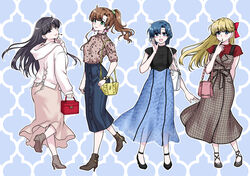  4girls :d abe_hikaru absurdres aino_minako bag bishoujo_senshi_sailor_moon black_eyes black_hair blonde_hair blue_eyes blue_hair blush boots brown_hair dress earrings green_eyes hair_ornament high-waist_skirt highres hino_rei jewelry kino_makoto long_hair looking_at_viewer mizuno_ami multiple_girls open_mouth ponytail shoes short_hair skirt smile 