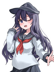  absurdres akatsuki_(kancolle) anchor_symbol azumake_(azumakei) black_headwear black_sailor_collar black_skirt blush eyebrows_visible_through_hair female flat_cap hair_between_eyes hat highres kantai_collection long_hair long_sleeves neckerchief one_eye_closed open_mouth pleated_skirt purple_eyes purple_hair red_neckerchief sailor_collar school_uniform serafuku simple_background skirt solo upper_body white_background 