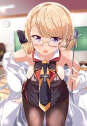  acchii_(akina) azur_lane black_bow blonde_hair blurry blurry_background bow breasts brown_pantyhose chair chalkboard classroom coat desk female glasses hairbow highres indoors lab_coat leaning_forward medium_breasts necktie official_alternate_costume pantyhose pointer purple_eyes school_chair school_desk sideboob solo white_coat z23_(azur_lane) z23_(philosophy_sensei)_(azur_lane) 