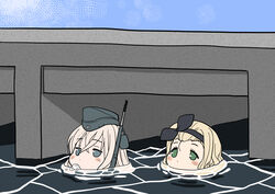  2girls bad_id bad_pixiv_id black_hairband blonde_hair blush bubble bunker commentary_request crossed_bangs garrison_cap green_eyes grey_eyes grey_headwear hair_between_eyes hairband harukaze_unipo hat headgear kantai_collection long_hair luigi_torelli_(kancolle) multiple_girls partial_commentary partially_submerged u-511_(kancolle) uit-25_(kancolle) water you&#039;re_doing_it_wrong 