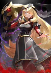  absurdres black_dress blonde_hair breasts closed_mouth commentary_request cynthia_(pokemon) cynthia_(sygna_suit)_(renegade)_(pokemon) dress female giratina gold_trim gonzarez grey_eyes hair_over_one_eye hand_up highres holding holding_poke_ball jewelry long_hair long_sleeves looking_at_viewer medium_breasts neck_ring official_alternate_costume open_hand poke_ball pokemon pokemon_(creature) pokemon_masters_ex revision tiara ultra_ball veil very_long_hair 