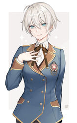  aqua_eyes beige_background black_neckwear blazer blue_jacket border breasts collared_shirt female hair_between_eyes hand_on_own_chest head_tilt jacket medium_breasts nijisanji nijisanji_kr oh_jiyu shiba_0 shirt smile solo sparkle upper_body virtual_youtuber white_border white_hair white_shirt 