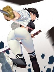  ass ass_focus black_hair black_shirt black_socks breasts crop_top cropped_jacket drawstring female from_behind from_below highres holding holding_sheath holding_sword holding_weapon hongcasso jacket katana kneehighs large_breasts legs light_frown long_legs looking_at_viewer medium_hair midriff_peek oran_(hongcasso) original pants parted_lips pink_eyes running sheath shirt skin_tight socks solo sword teeth tight_clothes tight_pants weapon white_background white_jacket white_pants 