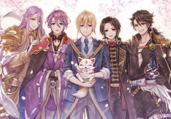  5boys aqua_eyes black_gloves blonde_hair blue_eyes brown_hair cape coat commentary_request earrings epaulettes flower fox gloves grin hachisuka_kotetsu hachisuka_kotetsu_(kiwame) hand_on_another&#039;s_shoulder hands_in_opposite_sleeves headband highres jacket jacket_on_shoulders japanese_clothes jewelry kasen_kanesada kasen_kanesada_(kiwame) kashuu_kiyomitsu kashuu_kiyomitsu_(kiwame) konnosuke male_focus mole mole_under_mouth multiple_boys mutsu-no-kami_yoshiyuki mutsu-no-kami_yoshiyuki_(kiwame) necktie open_mouth petals ponytail purple_hair red_eyes smile touken_ranbu white_gloves yamanbagiri_kunihiro yamanbagiri_kunihiro_(kiwame) yamaneko514 yellow_eyes 