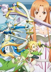  3girls aiming annihilate_ray armor armored_dress armpit_cutout armpits arrow_(projectile) asuna_(sao) asuna_(stacia) bare_shoulders blonde_hair blue_armor blue_eyes blue_hair bow_(weapon) braid breastplate breasts brown_eyes brown_hair cleavage closed_mouth clothing_cutout detached_collar detached_sleeves drawing_bow dress energy energy_arrow faulds floating_hair french_braid garter_straps gloves glowing_arrow green_dress green_eyes green_gloves green_legwear hair_between_eyes hair_intakes hair_tubes highres hip_armor holding holding_arrow holding_bow_(weapon) holding_sword holding_weapon large_breasts leafa leafa_(terraria) leg_up long_hair long_sleeves magic medium_breasts multiple_girls official_art open_mouth ponytail radiant_light rapier short_hair_with_long_locks shoulder_armor sidelocks sinon sinon_(solus) slit_pupils smile sword sword_art_online sword_art_online:_alicization sword_art_online:_alicization_-_war_of_underworld thighhighs unsheathed v-shaped_eyebrows verdurous_anima very_long_hair weapon white_armor white_dress white_gloves 