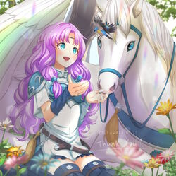  armor bad_id bad_twitter_id bird blue_bird blue_eyes boots breastplate circlet commission female fire_emblem fire_emblem:_the_blazing_blade florina_(fire_emblem) flower highres huey_(fire_emblem) knee_boots open_mouth pegasus pegasus_knight_uniform_(fire_emblem) purple_hair second-party_source shirt shoulder_armor silken_tofu skeb_commission smile tree wavy_hair white_shirt 