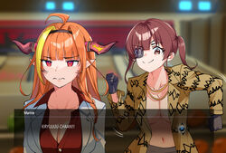  2girls ahoge annoyed black_gloves blonde_hair blunt_bangs blurry blurry_background bowling_alley braid breasts bright_pupils brown_eyes chains cleavage collarbone collared_shirt commentary cosplay dragon_girl dragon_horns english_commentary eyepatch frown gloves gold_chain hair_intakes highres hololive horns houshou_marine indoors jacket kiryu_coco kiryu_kazuma kiryu_kazuma_(cosplay) large_breasts long_hair majima_everywhere majima_goro majima_goro_(cosplay) medium_breasts multicolored_hair multiple_girls name_connection navel no_bra nonbire one_eye_covered orange_hair parody red_eyes red_hair red_shirt ryuu_ga_gotoku_(series) ryuu_ga_gotoku_1 ryuu_ga_gotoku_kiwami shirt side_braid single_braid slit_pupils smile streaked_hair twintails virtual_youtuber white_jacket white_pupils 