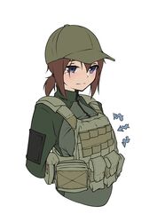  armedshipyard arrow_(symbol) baseball_cap blue_eyes brown_hair bulletproof_vest commentary escape_from_tarkov female hat inconvenient_breasts load_bearing_vest military ponytail solo white_background 