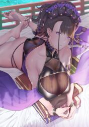  armlet ass bare_shoulders barefoot black_gloves black_one-piece_swimsuit book breasts chinese_commentary collarbone commentary_request fate/grand_order fate_(series) feet feet_up female fingerless_gloves flower gloves gold_trim hair_flower hair_ornament hair_up half_gloves highleg highleg_swimsuit ion_(cation) large_breasts legs long_hair looking_at_viewer lying murasaki_shikibu_(fate) murasaki_shikibu_(swimsuit_rider)_(fate) murasaki_shikibu_(swimsuit_rider)_(first_ascension)_(fate) on_stomach one-piece_swimsuit purple_eyes purple_hair shawl soles solo swimsuit the_pose thighs tied_hair 