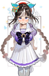  animal_ears black_hair blue_eyes blush braid breasts feet_out_of_frame female grey_hair highres hokko_tarumae_(umamusume) horse_ears horse_girl large_breasts long_hair looking_at_viewer multicolored_hair pantyhose pout purple_shirt school_uniform shirt short_sleeves simple_background skirt solo streaked_hair sugomori_tsuru_(hana_tsuru_wo) tearing_up tracen_school_uniform twin_braids umamusume very_long_hair white_background white_pantyhose white_skirt 