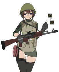  ak-74 armedshipyard assault_rifle blue_eyes brown_hair bullet commentary_request escape_from_tarkov female first_aid_kit gloves gun helmet highres holding holding_weapon kalashnikov_rifle load_bearing_equipment looking_at_viewer military original panties panty_peek rifle solo thigh_gap thighhighs underwear weapon white_background 