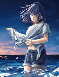  absurdres blue_eyes blue_hair clothes_lift denim denim_shorts envelope female highres love_letter marine_day midriff navel ocean original outdoors paper parted_lips shirt shirt_basket shirt_lift short_hair shorts sky smile solo sunset t-shirt torn_paper wading wind yuzor_a_rancia 