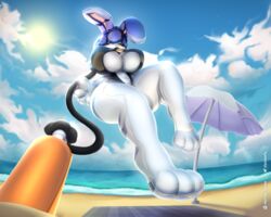  5:4 absurd_res animate_inanimate anthro beach big_breasts blue_ears blue_hair breasts clothing elysianelly female floating glistening glistening_body hair helium helium_tank hi_res hose_inflation huge_breasts inflatable inflatable_transformation inflation lagomorph latex leporid lifting_up living_inflatable mammal pool_toy rabbit seaside solo swimwear thick_thighs white_body wide_hips 