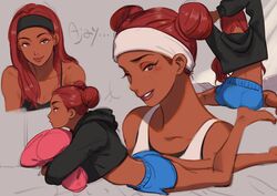  2gou alternate_hairstyle apex_legends ass bare_legs bare_shoulders black_headband black_hoodie black_shirt blue_shorts breasts brown_eyes brown_lips casual character_name closed_mouth collarbone commentary_request crop_top dark-skinned_female dark_skin double_bun eyelashes female freckles from_behind hair_bun hair_down headband highres hood hood_down hoodie lifeline_(apex_legends) lips long_hair long_sleeves looking_at_viewer lying makeup mascara multiple_views nose on_stomach red_hair shirt short_hair short_shorts shorts smile smirk stretching tank_top white_headband white_tank_top 