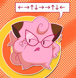  2013 abstract_background clefairy clefairy_says digital_media_(artwork) directional_arrow eyewear eyewear_only frown generation_1_pokemon glasses glasses_only hand_on_hip hi_res looking_aside misspiika nintendo nude open_frown open_mouth outline pink_body pokemon pokemon_(species) pokemon_stadium raised_finger solo speech_bubble wearing_glasses 