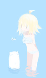  1other ahoge arms_behind_back bare_legs bare_shoulders bikini black_eyes blob blonde_hair blue_background copyright_name creature expressionless female frilled_bikini frills hair_between_eyes highres kokaki_mumose leaning_forward looking_to_the_side medium_hair moneko_(null-meta) no_lineart null-meta open_mouth reflection reflective_water ripples shade stomach swimsuit uozumi_kurumi wading water white_bikini 