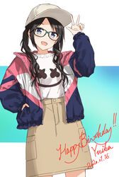  baseball_cap birthday black_hair blouse blue_eyes blush brown_skirt commentary_request cowboy_shot dated female glasses green-framed_eyewear hand_in_pocket hat highres idolmaster idolmaster_shiny_colors jacket long_hair long_sleeves looking_at_viewer marshmello mitsumine_yuika shirt skirt solo suke_(momijigari) twintails white_hat white_shirt 