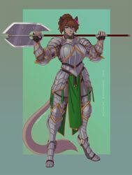  2023 anthro armor axe blue_eyes clothed clothing cougar digital_media_(artwork) double_bitted_axe felid feline female fully_clothed greataxe heavy_armor hi_res holding_melee_weapon holding_object holding_weapon hybrid mammal medieval medieval_armor melee_weapon nielo_(gamal) plate_armor polearm simple_background solo weapon wmdiscovery93 