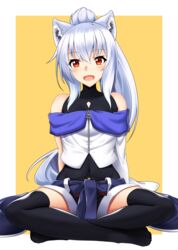  :d animal_ear_fluff animal_ears bare_shoulders black_shirt black_shorts black_thighhighs blush clothes_around_waist commentary_request covered_collarbone covered_navel crossed_legs female full_body hair_between_eyes high_ponytail jacket long_hair no_shoes off_shoulder open_mouth orange_background original ponytail red_eyes shachoo. shirt short_shorts shorts sitting sleeveless sleeveless_shirt smile solo thighhighs two-tone_background very_long_hair white_background white_hair white_jacket wolf_ears wolf_girl 