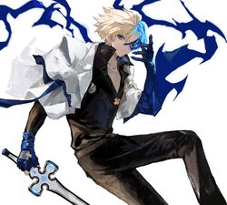  1boy belt black_sclera black_skin blonde_hair blue_eyes blue_gloves blue_hair blue_skin closed_mouth coat coat_on_shoulders collarbone colored_sclera colored_skin cross dragon_install eyes_visible_through_hair fingerless_gloves fingernails found_modori gloves glowing glowing_hair glowing_sword glowing_weapon guilty_gear guilty_gear_strive hair_between_eyes heterochromia highres holding holding_sword holding_weapon ky_kiske light_blue_hair long_fingernails male_focus multicolored_hair painterly red_eyes sharp_fingernails simple_background solo sword thunderseal weapon white_background white_coat x 