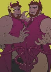  2boys alternate_costume bara beard black_thighhighs crossdressing dark-skinned_male dark_skin demon_boy demon_horns demon_tail dress eyebrow_cut facial_hair fangs feet_out_of_frame flaming_eye heart hephaestus_(housamo) highres horns large_pectorals male_focus mature_male multiple_boys muscular muscular_male outstretched_hand pectoral_cleavage pectoral_docking pectoral_press pectorals reaching reaching_towards_viewer red_dress red_eyes scar seductive_smile sharp_teeth short_hair side_slit smile syousinman tail tails_touching talos_(housamo) teeth thick_eyebrows thick_thighs thighhighs thighs tokyo_afterschool_summoners very_dark_skin 