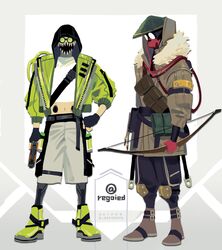  1boy 1other alternate_costume ambiguous_gender apex_legends black_gloves black_headwear black_pants bloodhound_(apex_legends) boots bow_(weapon) brown_footwear fingerless_gloves fur_trim gloves goggles green_footwear green_jacket gun handgun highres holding holding_bow_(weapon) holding_gun holding_weapon hood hood_up jacket jiro_(regoied) looking_down male_focus mask mouth_mask navel octane_(apex_legends) pants rebreather revolver shirt weapon white_shirt 