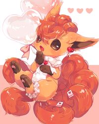  absurdres bad_id bad_pixiv_id balloon blush bridal_garter brown_eyes commentary_request fangs heart hideko_(l33l3b) highres holding holding_balloon multiple_tails no_humans open_mouth pokemon pokemon_(creature) shiny solo tail tongue vulpix 