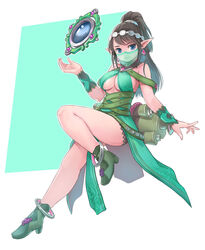  ankle_boots bare_shoulders belt black_hair boots breasts cleavage commentary dress earrings elf female full_body green_background green_belt green_dress green_footwear hair_ornament hand_up high_ponytail highres himeshaga jewelry large_breasts long_hair looking_at_viewer mouth_veil paladins pointy_ears ponytail scroll smile solo veil white_background ying_(paladins) 