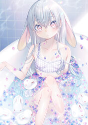  absurdres animal_ears bath bathing bathtub blush bra breasts commentary_request dancho_(dancyo) expressionless extra_ears female flower frilled_bra frills highres indoors knees_up long_hair looking_at_viewer original partially_submerged petals petals_on_liquid pink_eyes rabbit_ears rabbit_girl rose small_breasts solo strap_slip tile_wall tiles underwear water wet white_flower white_hair white_rose 