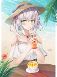  absurdres beach braid breasts casual commentary_request female genshin_impact green_eyes hair_ornament hat highres jewelry kokonex medium_breasts necklace noelle_(genshin_impact) ocean outdoors short_hair solo sun_hat white_hair 