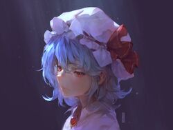  artist_name bow brooch closed_mouth collared_shirt commentary_request female frilled_shirt_collar frills from_side hat hat_ribbon highres jewelry kureihii light_purple_hair light_rays looking_down mob_cap painterly purple_hair red_bow red_brooch red_eyes red_ribbon remilia_scarlet ribbon ribbon-trimmed_headwear ribbon_trim shirt short_hair solo sunlight touhou upper_body 