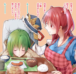  2girls :o apron armband bad_id bad_pixiv_id blanket bowl breasts chopstick_rest chopsticks closed_eyes commentary_request cup dress fish food from_side green_eyes hair_between_eyes hair_bobbles hair_ornament hat head_on_table large_breasts layered_dress light_smile long_sleeves looking_at_another multiple_girls onozuka_komachi orange_background placemat plaid plaid_apron red_apron red_eyes red_hair rice shibi_(asagi_nezumi) shiki_eiki simple_background soup steam touhou translated two_side_up unworn_hat unworn_headwear unworn_vest yunomi 