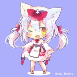  ;d animal_ears azur_lane blush bow brown_eyes cat_ears chibi commentary_request detached_sleeves dress female full_body hair_between_eyes hairbow kou_hiyoyo long_hair long_sleeves looking_at_viewer lowres one_eye_closed open_mouth purple_background red_bow sidelocks sleeveless sleeveless_dress smile solo standing twintails twitter_username white_dress white_hair white_sleeves wide_sleeves yukikaze_(azur_lane) yukikaze_(winter&#039;s_snowy_wind)_(azur_lane) 