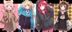  4girls :d absurdres ahoge amai_hiyo animal_ear_fluff animal_ears annin_miru argyle_background arm_up avatar_2.0_project black_jacket black_skirt blonde_hair blue_nails blue_outline blush bow braid brown_bow brown_dress brown_eyes brown_flower brown_hair brown_rose brown_skirt cat_ears cat_girl cat_tail closed_mouth collarbone commentary_request drawstring dress fangs flower frilled_skirt frills hair_between_eyes hair_flower hair_ornament hair_ribbon hairbow hand_up heart heart_ahoge highres hood hood_up hooded_jacket horns indie_virtual_youtuber jacket long_hair long_sleeves looking_at_viewer low_twintails minase_shia multiple_girls nail_polish one_eye_closed open_clothes open_jacket orange_outline outline parted_bangs parted_lips pinching_sleeves pleated_skirt puffy_long_sleeves puffy_sleeves purple_outline red_eyes red_hair red_ribbon red_skirt ribbon rose shirt skindentation skirt sleeves_past_wrists smile star_(symbol) symbol-shaped_pupils tail tanaka_(vtuber) thighhighs tomozero twin_braids twintails very_long_hair virtual_youtuber white_legwear white_shirt 