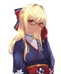  adjusting_eyewear bad_id bad_twitter_id blonde_hair blue_kimono bow breasts cait_aron closed_mouth dark-skinned_female dark_skin elf female glasses gloves hair_intakes hairbow hand_up highres hololive japanese_clothes kimono long_hair long_sleeves looking_at_viewer medium_breasts multicolored_hair obi photoshop_(medium) pointy_ears red_bow red_eyes red_gloves sash shiranui_flare shiranui_flare_(new_year) sidelocks smile solo streaked_hair upper_body virtual_youtuber wide_sleeves 