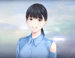  black_hair blue_shirt brown_eyes commentary female grin highres long_hair looking_at_viewer nayuta69 original ponytail shirt smile solo upper_body 