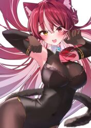  animal_ear_fluff animal_ears ascot black_leotard bodystocking breasts cat_ears cat_girl cat_tail colored_inner_hair commentary covered_navel elbow_gloves female gloves hair_between_eyes hair_bun heterochromia highres hololive houshou_marine houshou_marine_(marching_band) lace-trimmed_leotard lace_trim large_breasts leotard long_hair multicolored_hair open_mouth pink_hair red_ascot red_eyes red_hair single_side_bun solo strapless strapless_leotard streaked_hair tail very_long_hair virtual_youtuber yellow_eyes yoshioka_pochi 