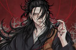  1boy absurdres bad_id bad_pixiv_id black_hair black_kimono black_nails closed_mouth ear_piercing getou_suguru getou_suguru_(kenjaku) grey_eyes hair_between_eyes hair_pulled_back highres holding holding_removed_eyewear japanese_clothes jennyandloiryan jujutsu_kaisen kimono long_hair long_sleeves looking_at_viewer male_focus piercing red_background round_eyewear smile solo stitches string string_of_fate sunglasses tsurime unworn_eyewear upper_body 